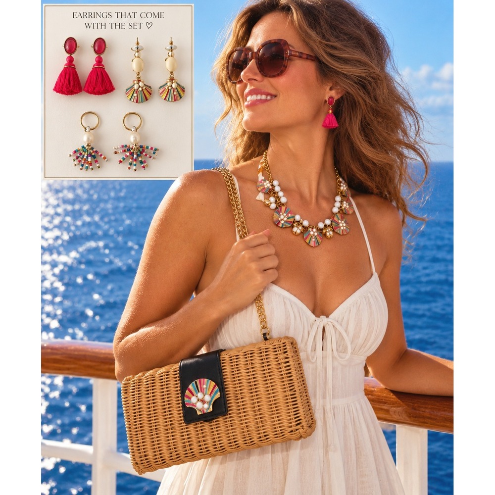 NWT Talbots Wicker Bag & Jewelry Set Womens Shell Coastal Nautical Cruise Resort